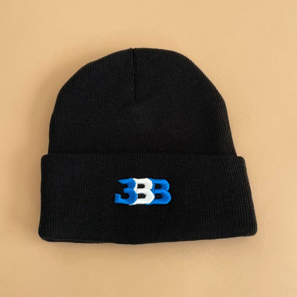 BBB Knit Beanie Unisex One Size Black Blue & white Logo Cuffed Winter Hat